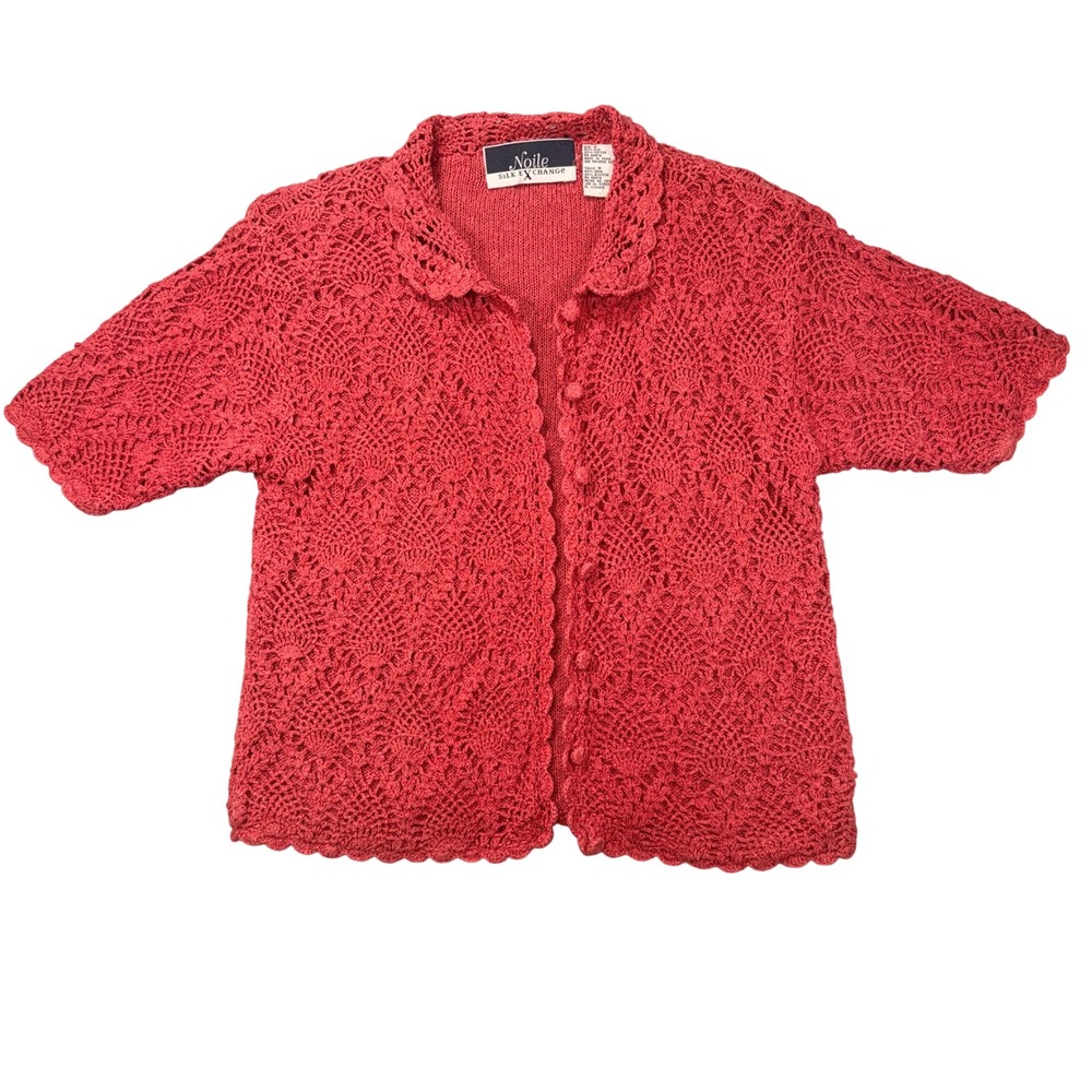 Noile Silk Exchange Crochet Cardigan Medium Women Coral Silk Cotton Knit
